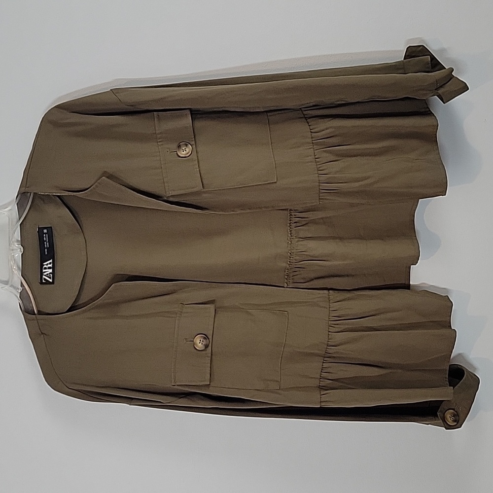 ZARA open front peplum ruffle field utility  jacket olive green